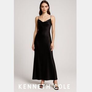 Kenneth Cole Black Liquid Satin Cowl Neck Spaghetti Strap Slip Dress Gown Large